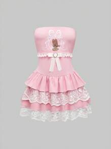 ROMWE Kawaii Váy ren nhiều lớp không tay thêu hình thỏ cho nữ - Hồng - Xem 1