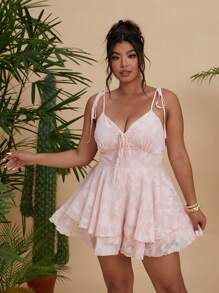 Flirla Plus Size Romantic Transformation Square Collar Camisole High Waist Double Ruffle Cutout Chiffon Jumpsuit - Pink - View 1