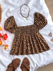 SHEIN TEENGIRL Vacation Leopard Print Square Neck Puff Sleeve Shirt, Cute & Leopard Print Top