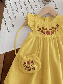 LMoss Kids LMoss Baby Girl Woven Embroidered Round Neck Ruffle Hem Dress With Diagonal Shoulder Bag,Sisters Outfit,Suitable For Spring And Summer - Yellow - View 4