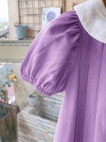 SHEIN Cute Babygirl Purple Peter Pan Collar Bowknot Short Sleeve Dress, Summer - Purple - View 5