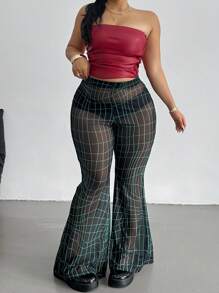 POPSWAY 大码女式休闲性感透明亮光格子喇叭裤 - 黑色 - 查看 4