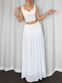 Firerie Women's Elegant Minimalist White Chiffon Asymmetric Zipper Pleated A-Line Long Skirt, Suitable For Beach, Vacation, Commute And Daily Wear - White - View 6