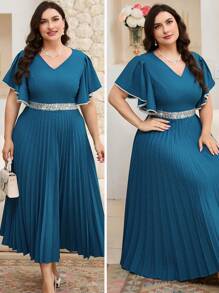 Modelyn Plus Size V-Neck Rhinestone Embellished Pleated Waist Elegant Dress - Blue - View 1
