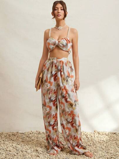 L'Amorae Elegant Marble Tie Dye Pleated Satin Vacation Wide Leg Summer Vacation Pants, Beach Vacation Outfits, Summer Outfits For Women