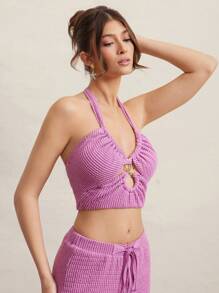 L'Amorae Top elegant, croșetat, plisat, cu decupaj, pentru plajă, cu detalii aurii, ornamente, ținute de vară pentru femei, ținute pentru brunch, Ziua Mamei - Violet - Vizualizare 5