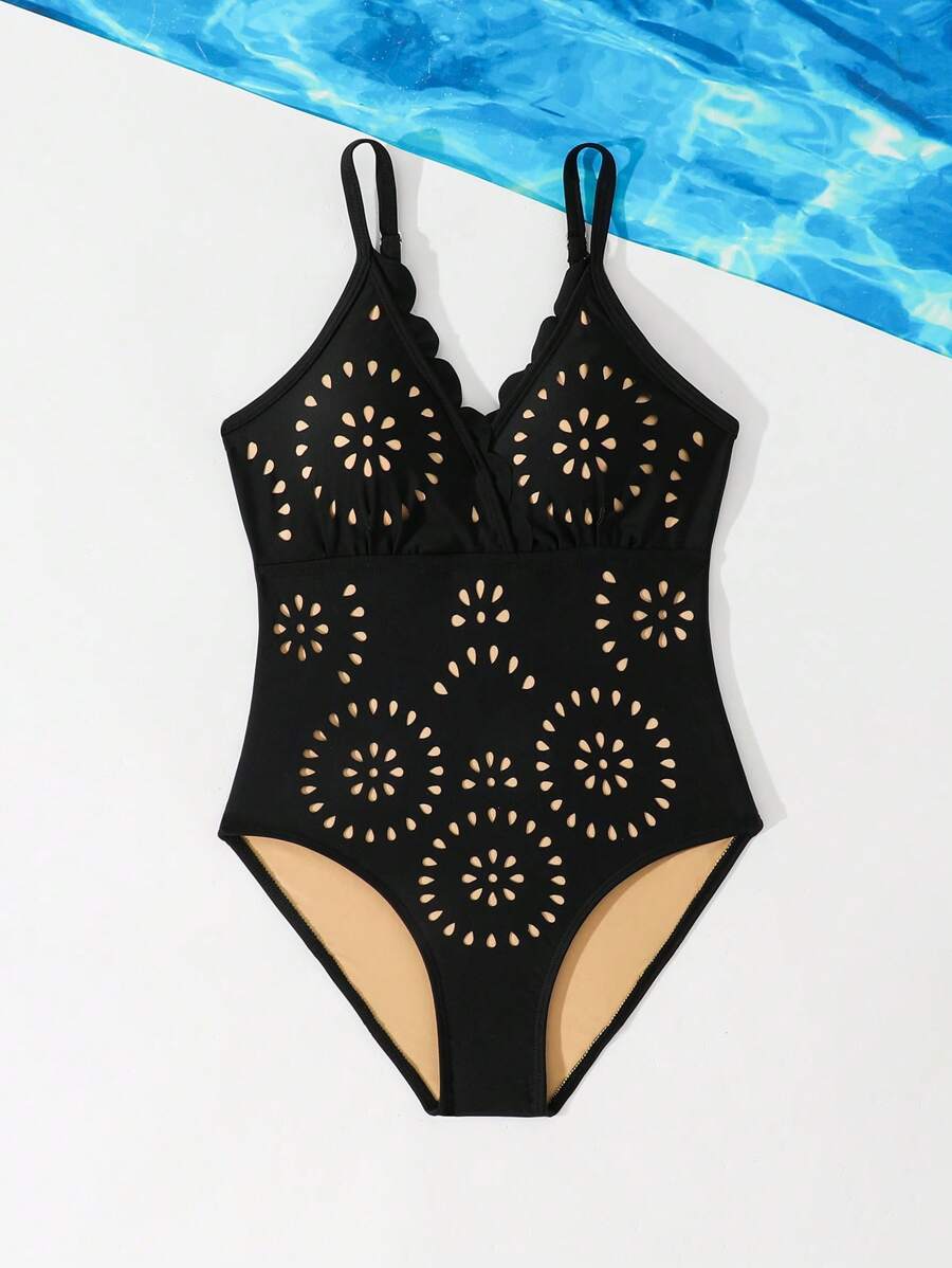 Tween Girls' Hollow Out Stylish One-Piece Swimsuit - Black - View 1