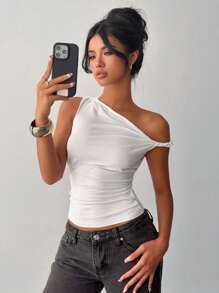 Women Solid Color Pleated Asymmetric Collar Slim Fit Casual Blouse - White - View 4