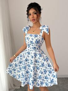 Elenzga Nuovo abito elegante e casual per l'estate e le vacanze, a fiori piccoli, con lacci sulle spalle, vita incintata, linea a ruota, slim e modellante