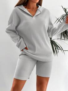 EURMUSE Drop Shoulder Hoodie & Biker Shorts - Baby Blue - View 1