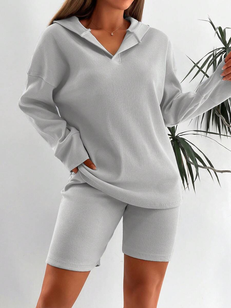 EURMUSE Drop Shoulder Hoodie & Biker Shorts - Baby Blue - View 1