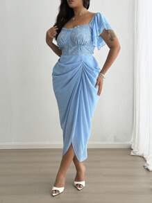 Celure Abito midi arricciato e svasato da donna con scollo a cuore, in jacquard e chiffon, con balze, di colore blu, in stile romantico da vacanza, per taglie forti