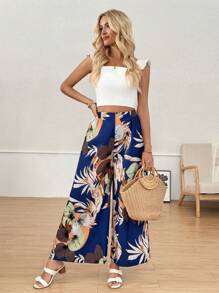SHEIN Clasi Pantalones anchos y holgados de estampado de plantas tropicales para mujer, adecuados para vacaciones