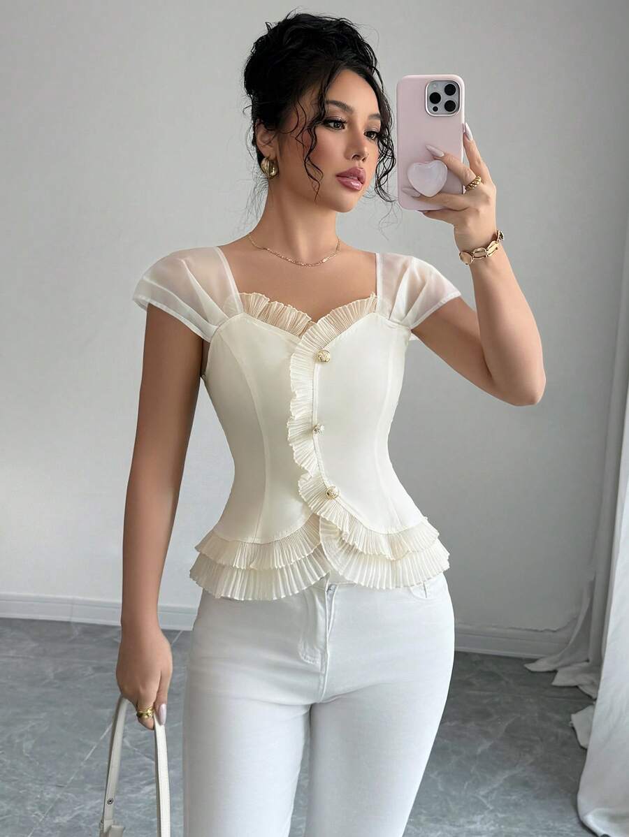 Elenzga 女士纯色荷叶边纽扣设计泡泡袖优雅衬衫