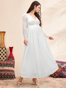 SHEIN Pregnancy V-Neck Lace Puff Sleeve Maternity Dress, Autumn - White - View 4
