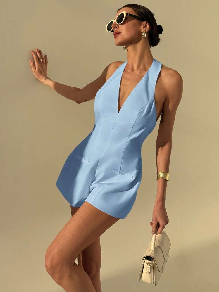 Aloruh White Halter Neck Deep V-Neck Bodycon Flared Leg Short