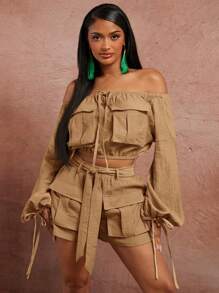 SHEIN SXY Spring/Summer Dating Club Valentine's Day Wedding Elegant Vacation Birthday Woven Off Shoulder Cargo Pockets Embellish Long Sleeve Short Top With Drawstring Strap Design - Brown - View 1