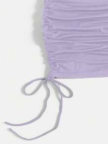 Flirla Plus Size Women Solid Color Round Neck Short Sleeve Drawstring Waist Dress - Mauve Purple - View 3