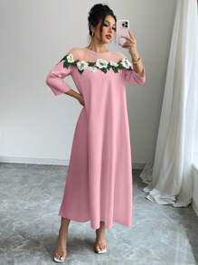 Elenzga Women's Romantic Mesh Patchwork Floral Embroidered 3/4 Sleeve Dress - Baby Pink - View 5