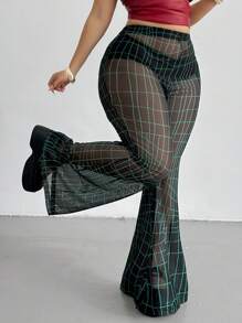 POPSWAY 大码女式休闲性感透明亮光格子喇叭裤 - 黑色 - 查看 7