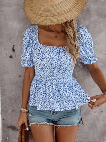 EMERY ROSE Women's Ditsy Floral Square Collar Casual Short Sleeve Shirt, Suitable For Summer Ditsy Floral Blouse, Comfortable Waisted Top, Versatile Boho Holiday Style