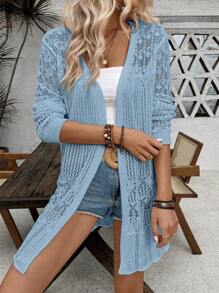 SHEIN LUNE Women's Solid Color Hollow Out Casual Knitted Cardigan Fall Winter Cloth For Women