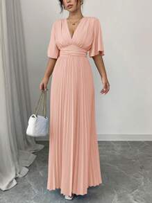Rafferiza Elegante vestito con scollo a V, con arricciature e pieghe sul davanti, maniche corte, adatto per primavera/estate - Rosa - Visualizzare 6
