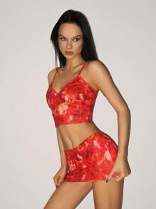 SHEIN ICON Set di canotta senza maniche con scollo a V e gonna aderente corti con stampa retrò, stile vacanziero, per l'estate