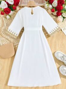 Tween 女童金色蕾丝边 V 领无袖系带休闲连衣裙，春夏 - 白色 - 查看 2