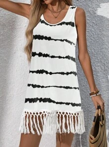 Swim Lushoire 女式夏季条纹印花流苏下摆无袖罩衫连衣裙 - 白色 - 查看 5