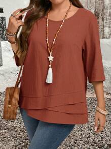 EMERY ROSE 大码不对称下摆砖红色乡村衬衫秋季服装