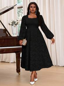 SHEIN Lady Plus Size Elegant Party Solid Color Textured Flare Sleeve Fishtail Dress New Years Vacation Outfits Elegant Party Pink Valentine Day Formal Dresses For Women Lace Dress Pink Dress For Women Summer Dresses For Women