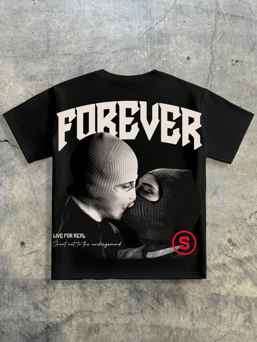 Manfinity VCAY 休闲男士圆领短袖 T 恤，印有口号和图案