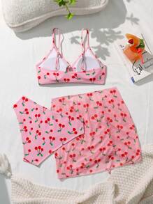 Women Pink Casual Elegant Cherry Blossom Print Swimsuit Set, Random Print Pattern For Summer Beach Vacation - Pink - View 2