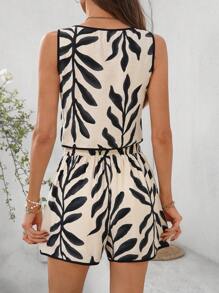 SHEIN Clasi Summer Elegant Women's Leaf Print Sleeveless Contrasting Edge Shirt And Elastic Waistband Leaf Print Shorts Two Pieces Set, Suitable For Various Occasions Such As Beach Vacations, Daily Commuting, Home, Etc - Multicolor - View 3