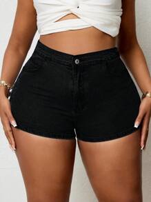 SHEIN SXY 大码女式波西米亚风弹力性感系带牛仔短裤 - 黑色 - 查看 5