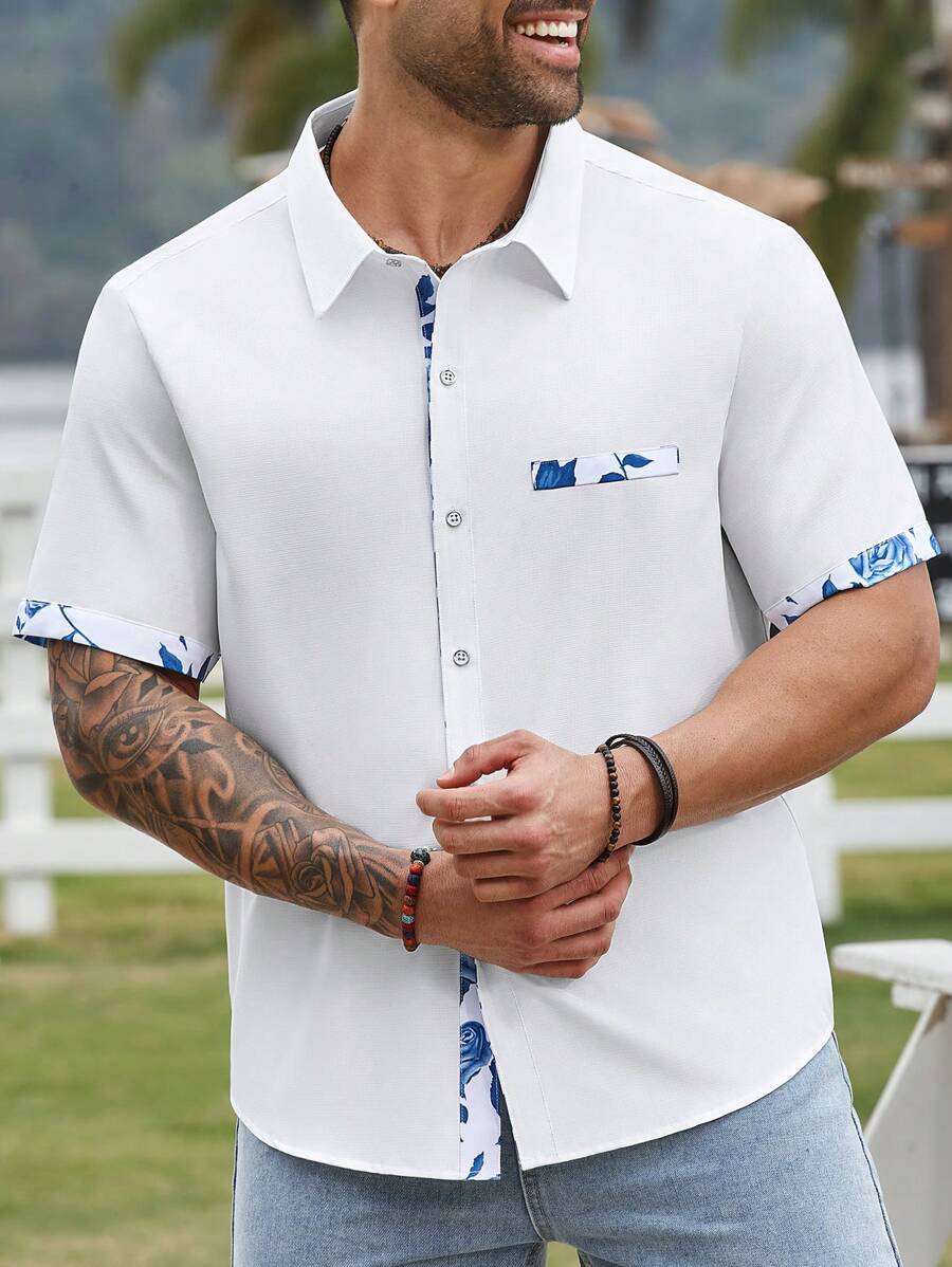 Manfinity RSRT Áo sơ mi nam tay ngắn chắp vá ngày lễ thường ngày - trắng - Xem 1