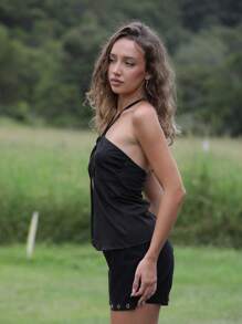 Roylia Stylized Spaghetti Strap Tie-Up Crop Top, Personalized Circle Trim Details, Curved Hem, Suitable For Concert, Party Wear - Black - View 3