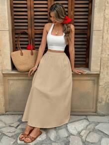 Pariaura Elastic Waist Solid High Waist A-Line Skirt, Versatile And Slimming Fall Cloth For Women - Apricot - View 3