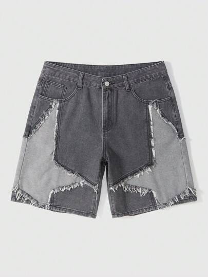 Street Life Herren Lässige Denim Shorts mit ausgefranstem Fünfeck-Sternenmuster und loser Passform