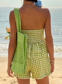 Jouncy Conjunto informal de vacaciones de verano con top corto de halter con volantes con estampado a cuadros texturizado y shorts sueltos