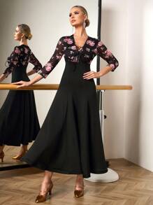 Dansine Women's Sexy Dance Dress With Large Floral Print, Mesh Patchwork And Extra-Wide Skirt