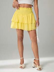 SHEIN Tall Gonna mini con vita arricciata, plissettata a più strati, orlo asimmetrico e rouches, adatta per vacanze al mare in estate