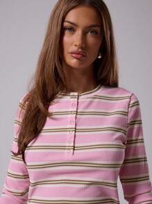 MUSERA Longline Crew Neck Popper Striped Long Sleeve T-Shirt Top Cute Airport Graphic Tees Holiday  Back To School    Winter Spring - Pink - View 3