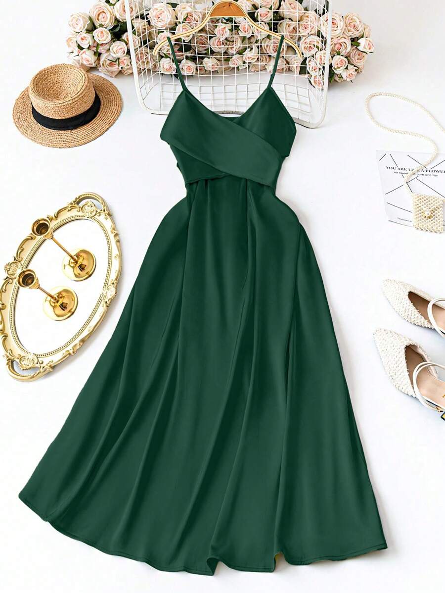 Celure Plus Size Women Solid Color Satin Camisole Tie Waist Elegant Dress