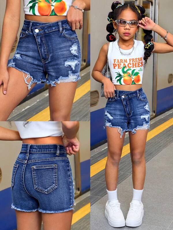 SHEIN Tween Girls Summer Boho Asymmetrical Waistline Ripped Solid Washed Denim Jeans Shorts With Raw Hem,Girls Summer Vacation Concert Rave Feastival Outfits,Graduation Outfits