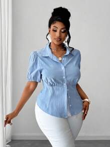 Maweii قميص كاجوال نسائي مقاسات كبيرة بأكمام منتفخة قصيرة بخطوط وأزرار أمامية