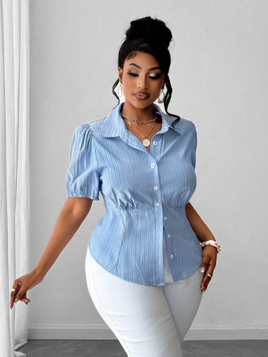 Maweii قميص كاجوال نسائي مقاسات كبيرة بأكمام منتفخة قصيرة بخطوط وأزرار أمامية