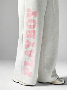 MISSGUIDED PLUS x Playboy 加大码舒适慢跑运动裤，带徽标印花，松紧腰，家居服，冬季和秋季舒适运动休闲裤 - 淺灰色 - 查看 4