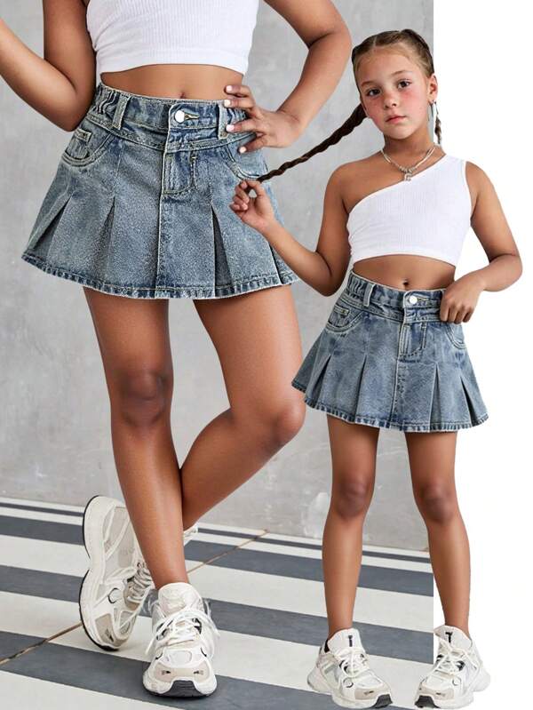 Minifalda de mezclilla lavada con pliegues versátil y simple de estilo vintage y retro para niñas jóvenes